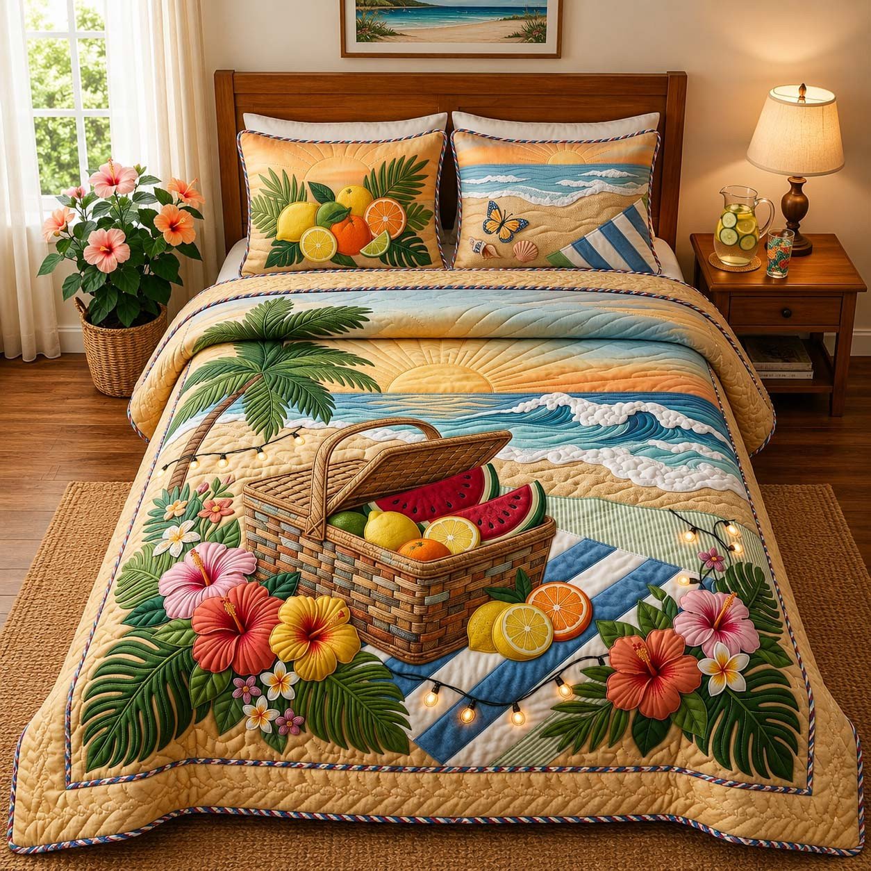 Coastal Picnic Quilted Bedding Set Tropical Beach Bedding Set Dad_s Favorite Gifts