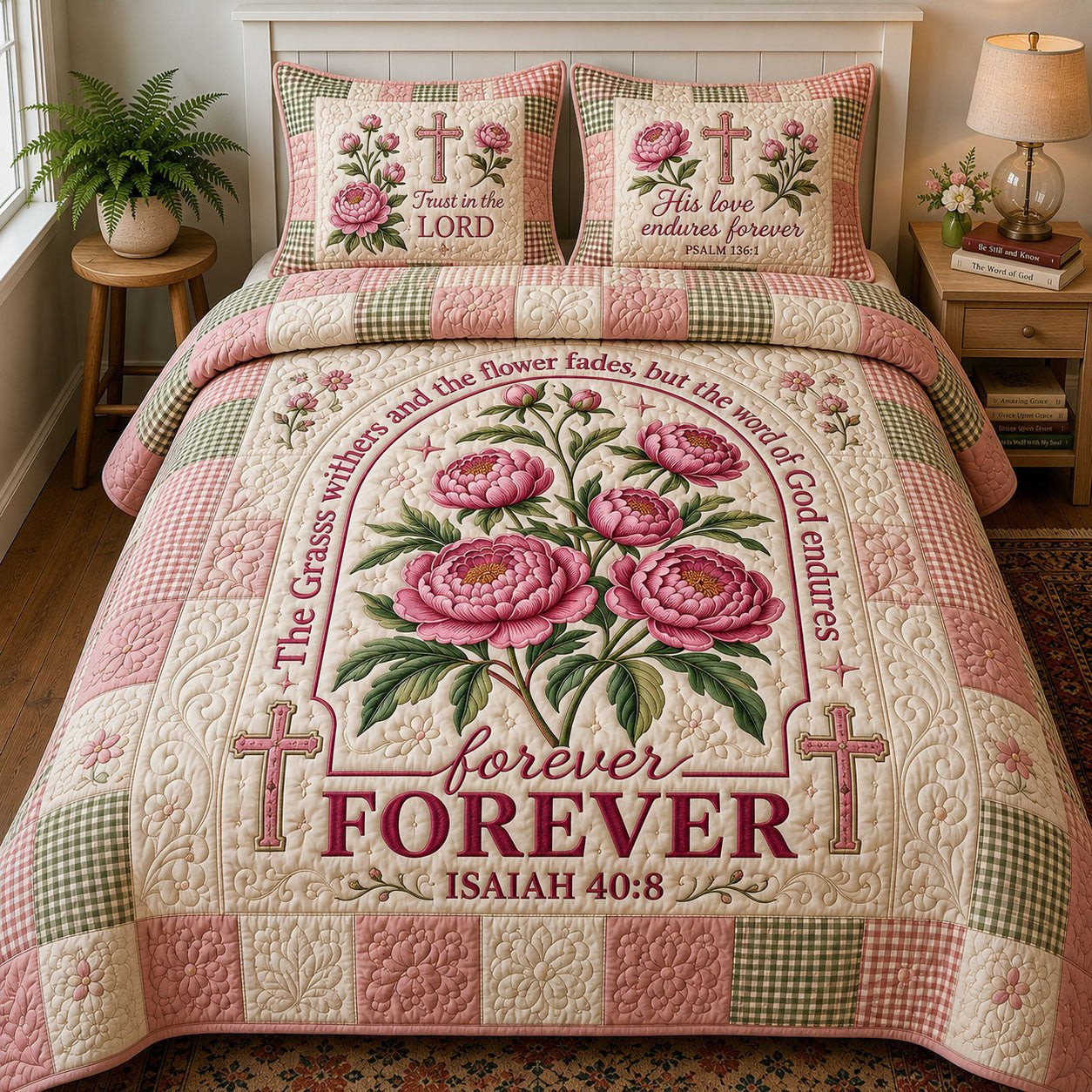 Bible Verse Floral Quilted Bedding Set Trust In Lord Bedding Set Christian Gift For Couple