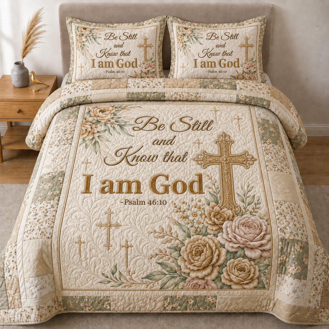 Bible Verse Floral Quilted Bedding Set Be Still And Know That I Am God Home Decor Christian Gift
