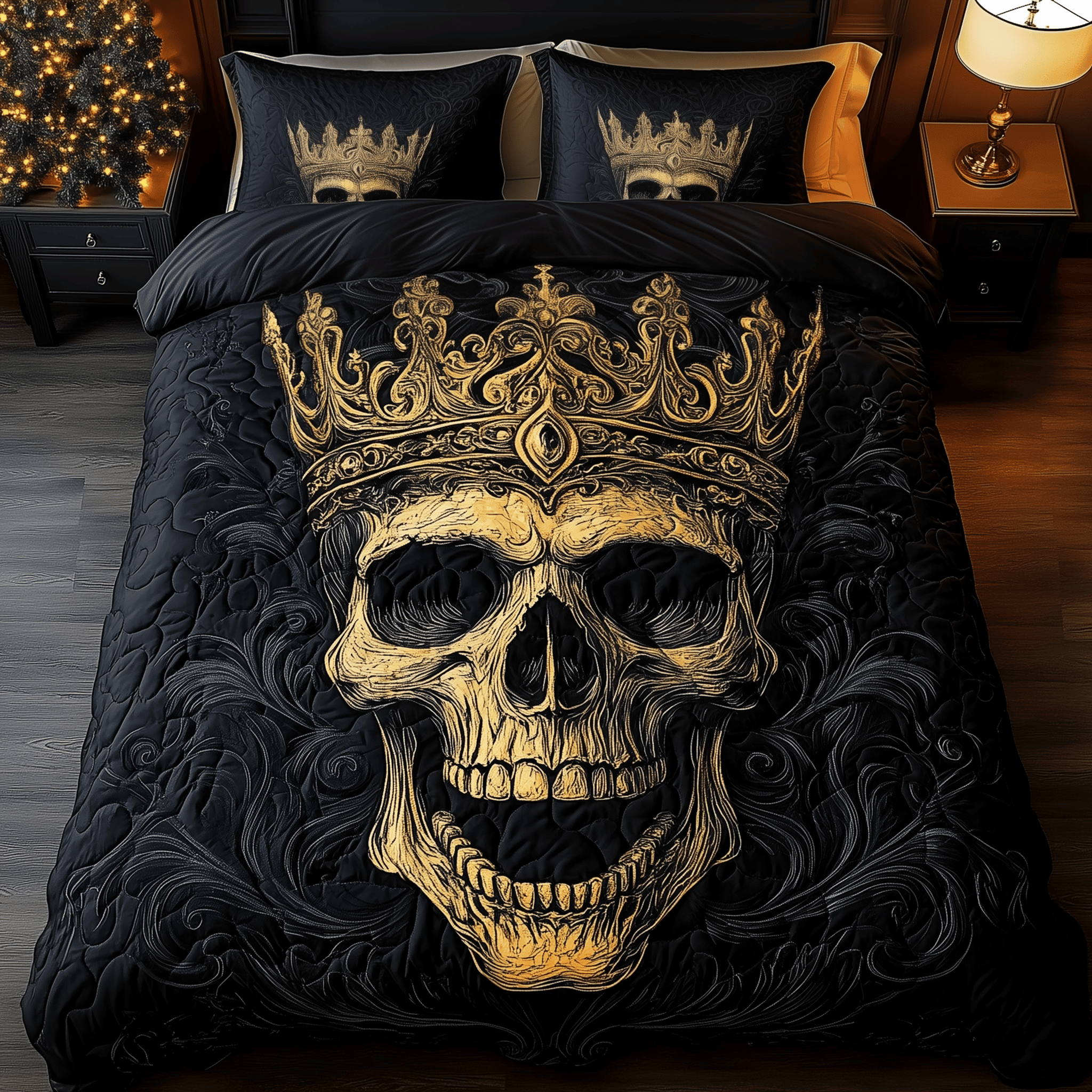 King of Shadows Quilted Bedding Set The Crowned Skull Duvet Covers Gift Idea