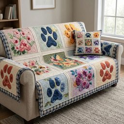 Floral Paw Quilted Sofa Cover Cozy Sofa Decor Unique Gifts For Family
