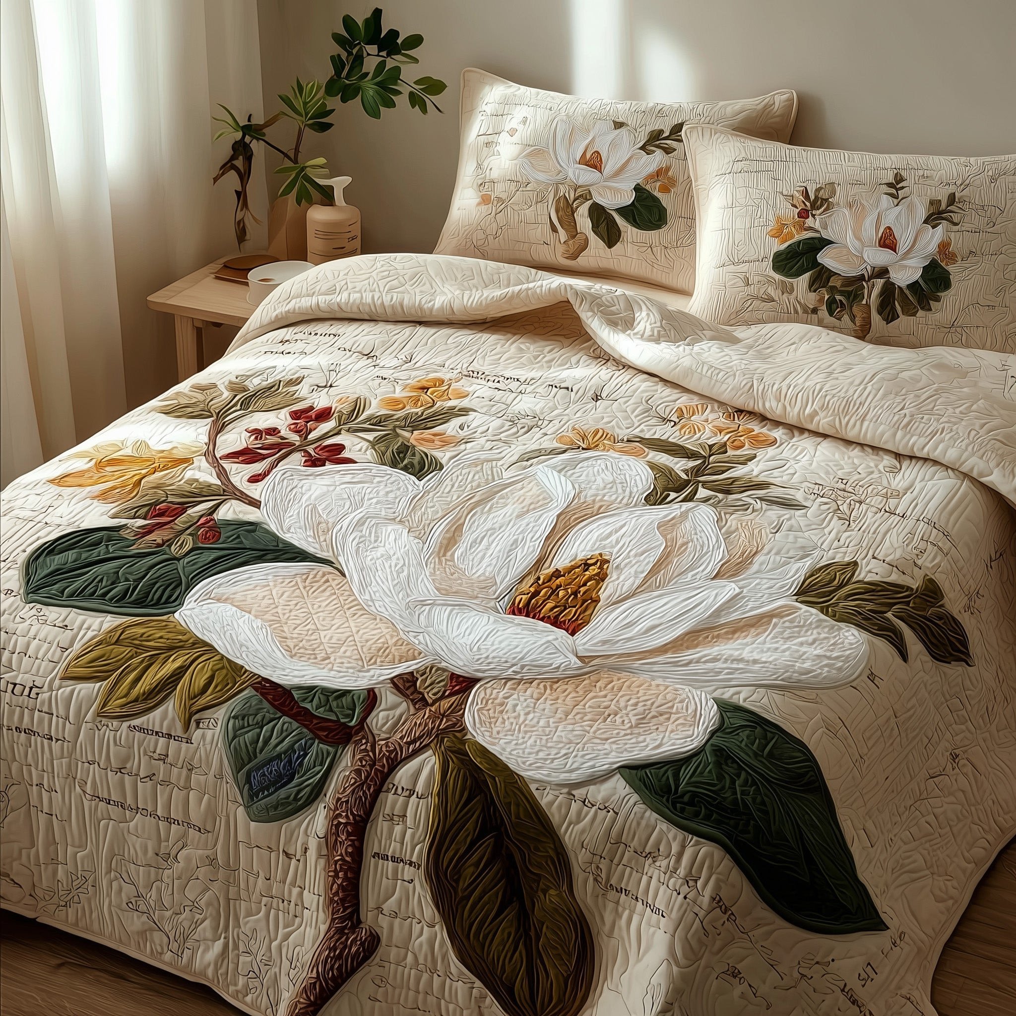 Magnolia Quilted Bedding Set Elegant Bedspreads King Gift For Mother
