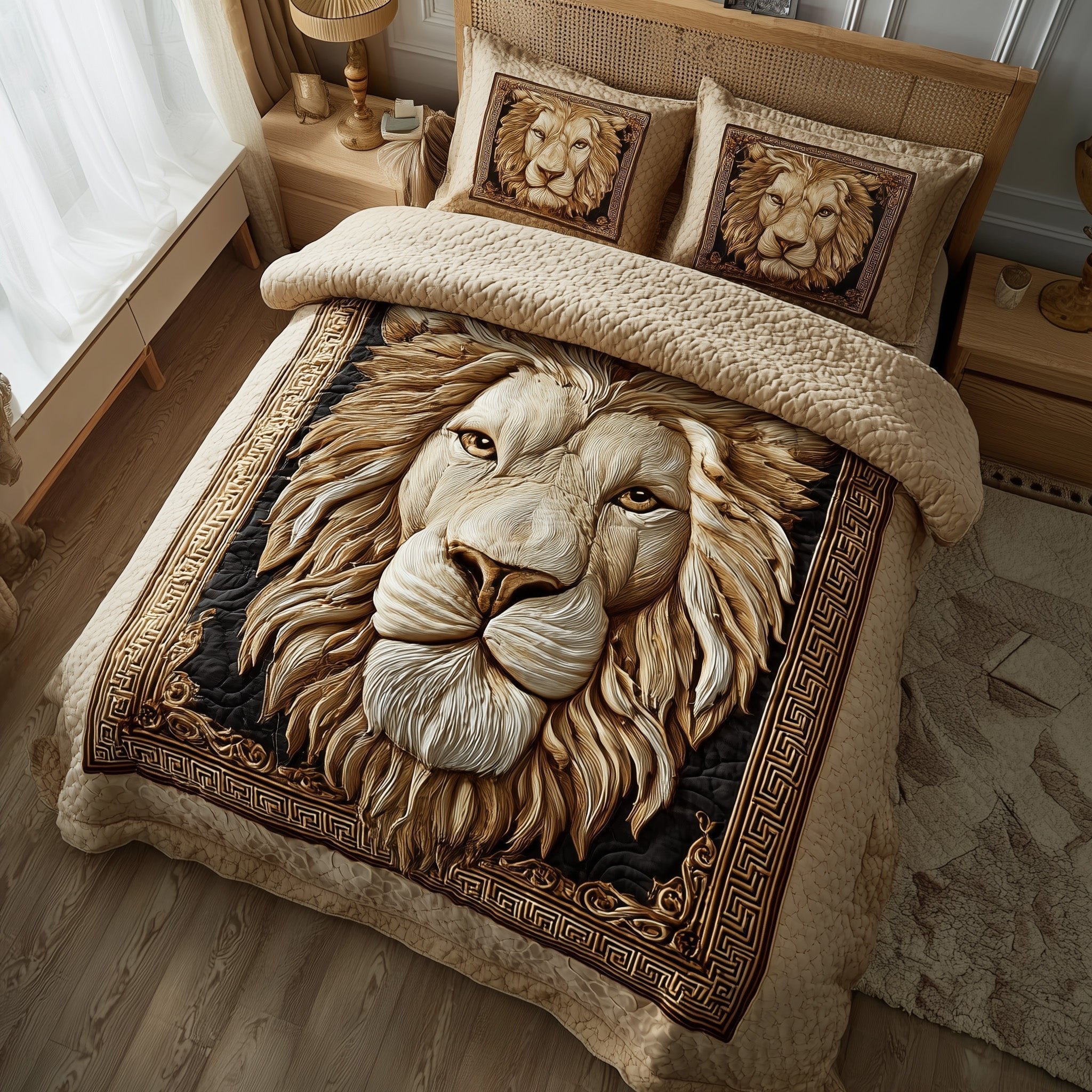 Majestic Lion Quilted Bedding Set Vintage Brown Lion Comforter Sets Gift For Husband