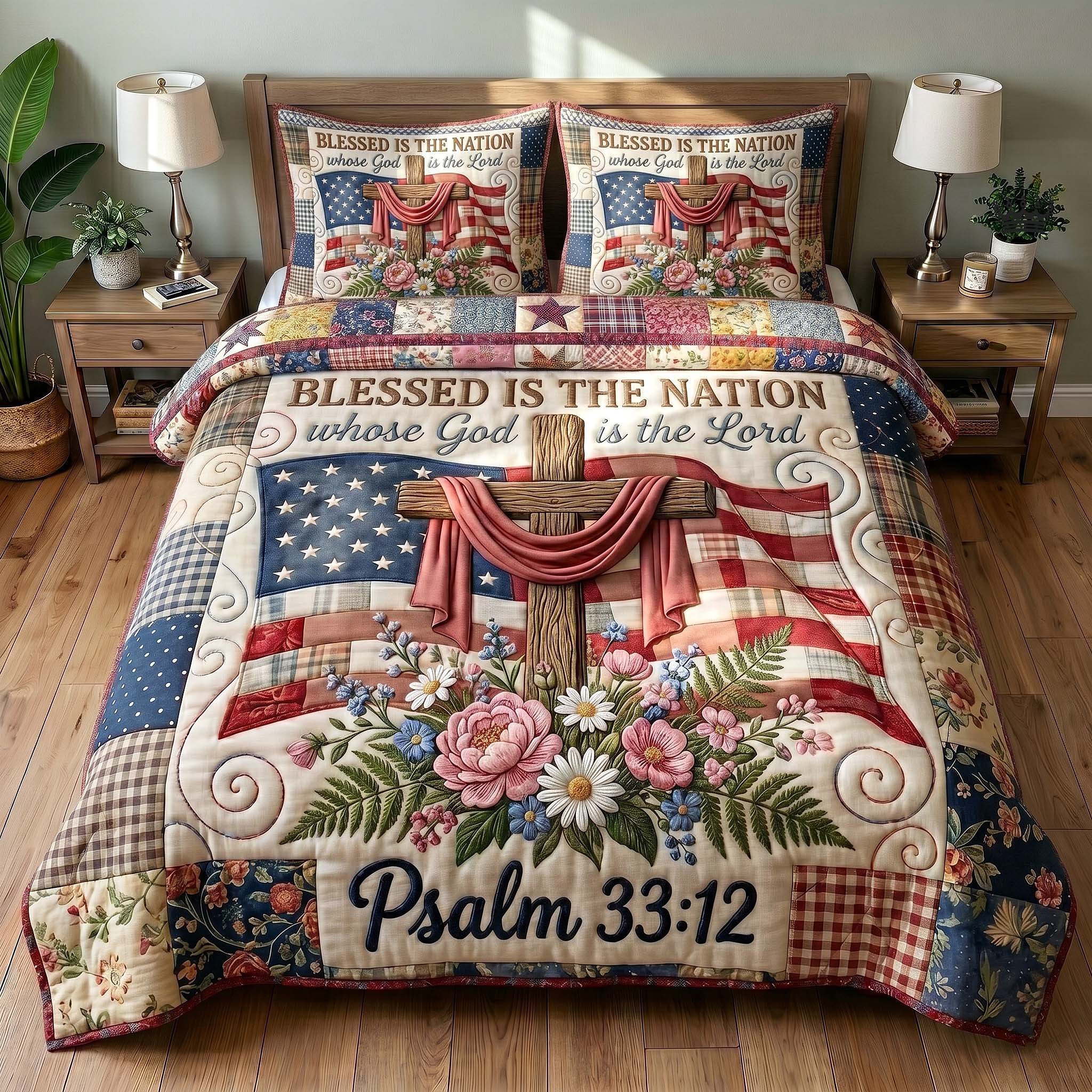 Faith Liberty Quilted Bedding Set Blessed Is The Nation Bedroom Decor Gifts For Friends