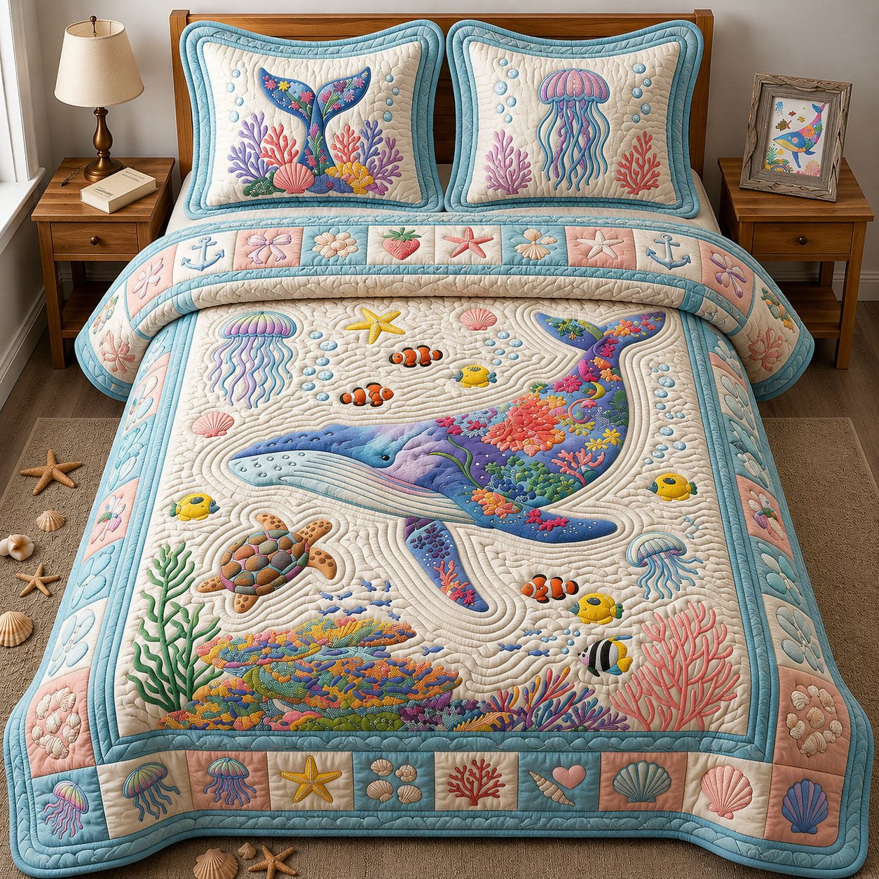 Blue Whale Quilted Bedding Set Ocean Lover Bedding Set Gift For Whale Lovers