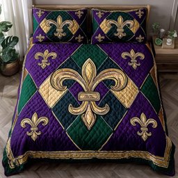 Mardi Gras Fleur Quilted Bedding Set New Orleans Carnival Bedding Gift For Her
