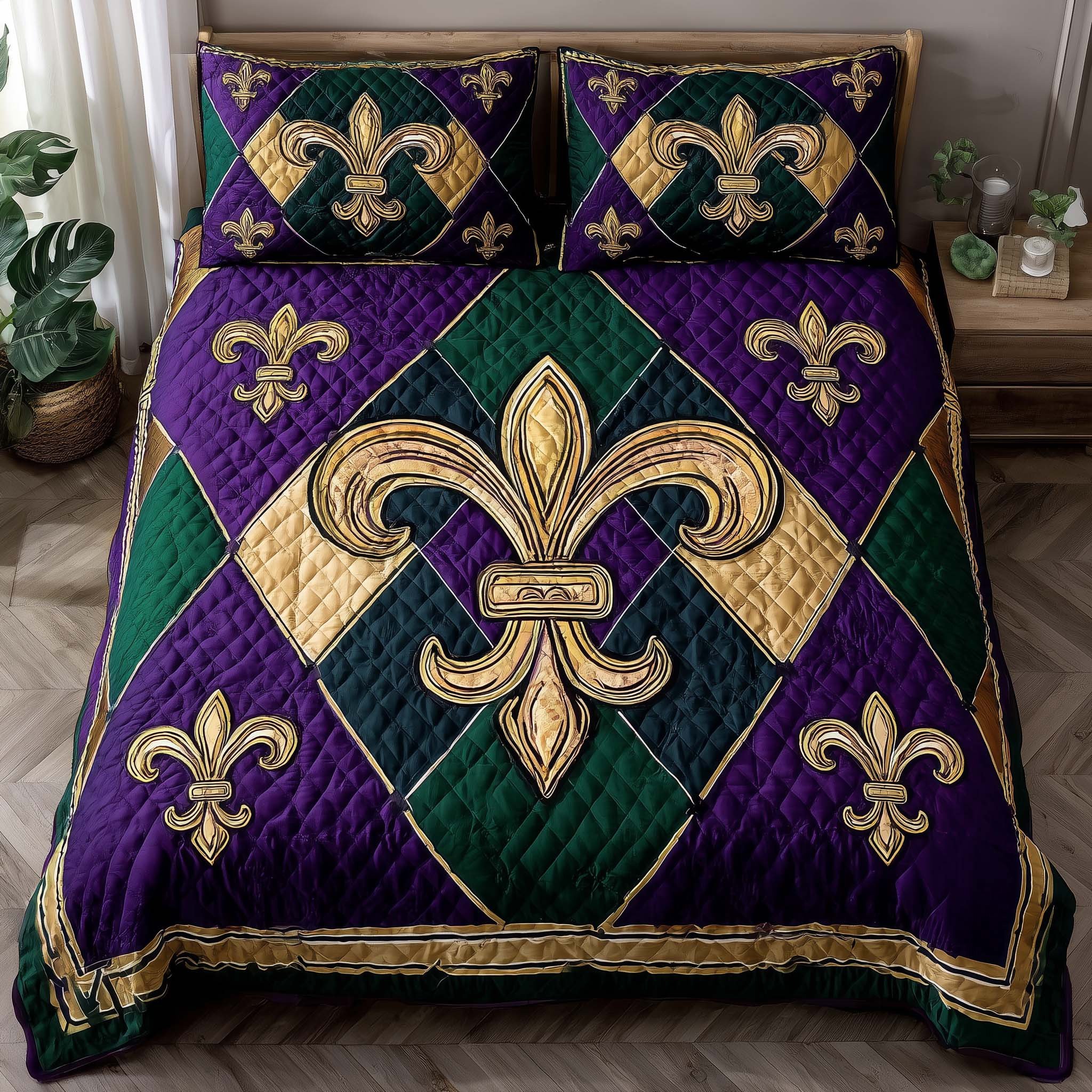 Mardi Gras Fleur Quilted Bedding Set New Orleans Carnival Bedding Gift For Her