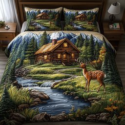 Deer And Cabin Quilted Bedding Set Cozy Home Decor Good Fathers Day Gifts