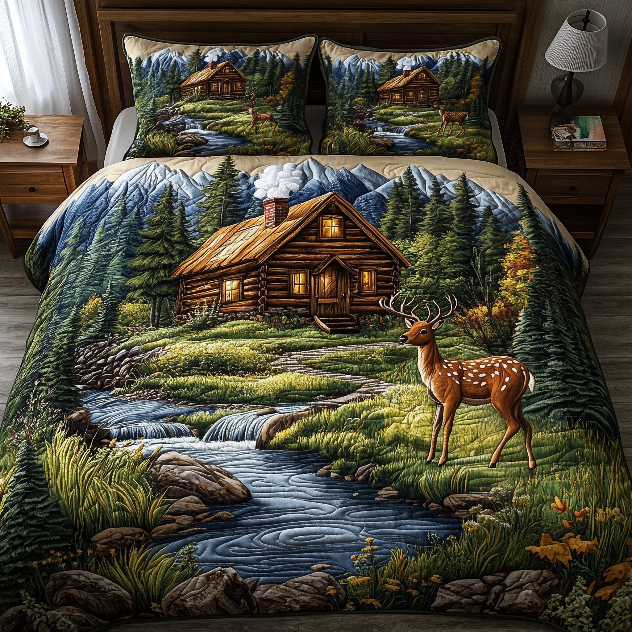 Deer And Cabin Quilted Bedding Set Cozy Home Decor Good Fathers Day Gifts
