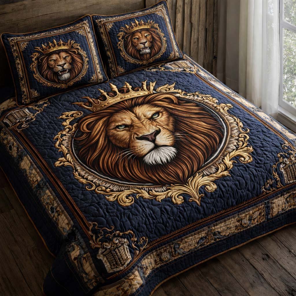 Majestic Lion Quilted Bedding Set Crowned Lion Portrait King Size Comforter Friend Gifts
