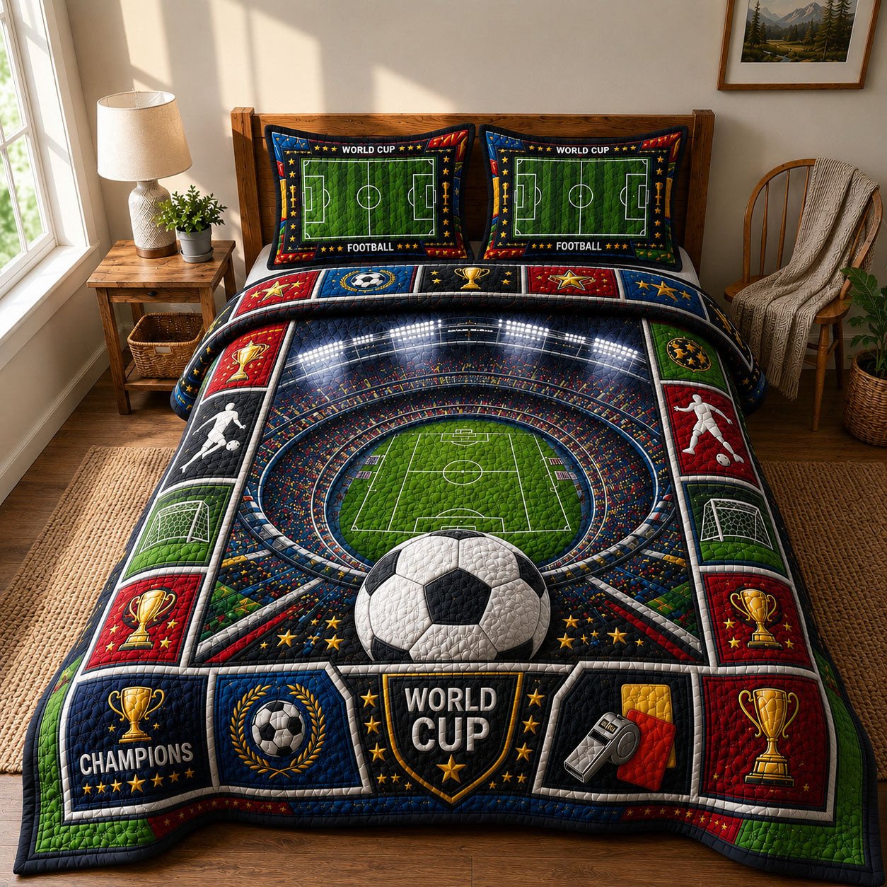 Football Champion Quilted Bedding Set World Cup Football Bedding Set Gift For Sports Lovers