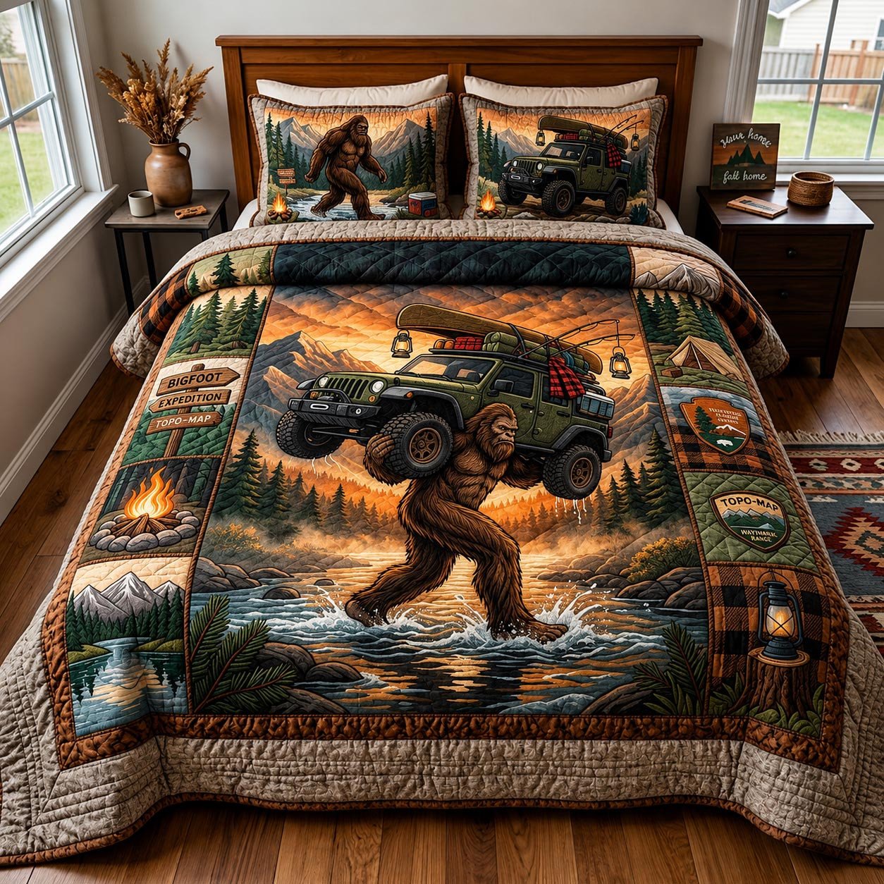 Forest Rider Quilted Bedding Set Bigfoot Bedding Set Gifts For Housewarming