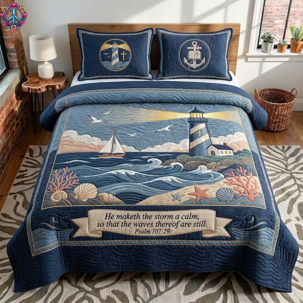 Lighthouse Calm Quilted Bedding Set Nautical Coastal Ocean Comforter Sets Gift For Father
