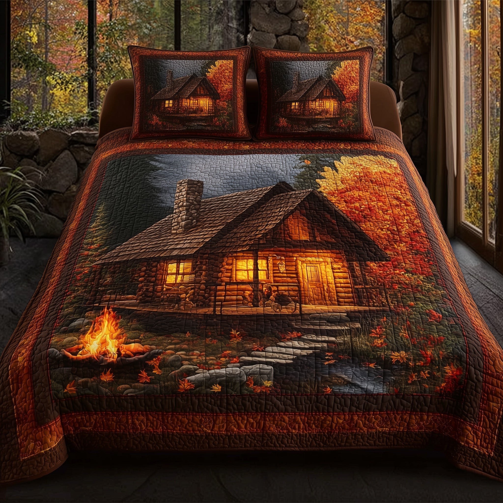 Autumn Cabin Quilted Bedding Set Aesthetic Room Ideas Gifts For Friends