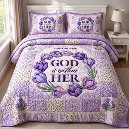 God Is Within Her Quilted Bedding Set Faith Bedroom Decor Gift For Girlfriend