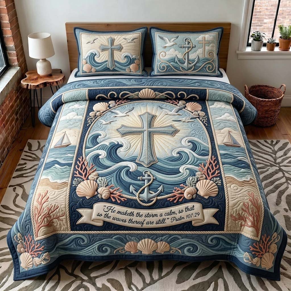 Anchor Cross Quilted Bedding Set Faith Bedding Set Christian Gift For Dad