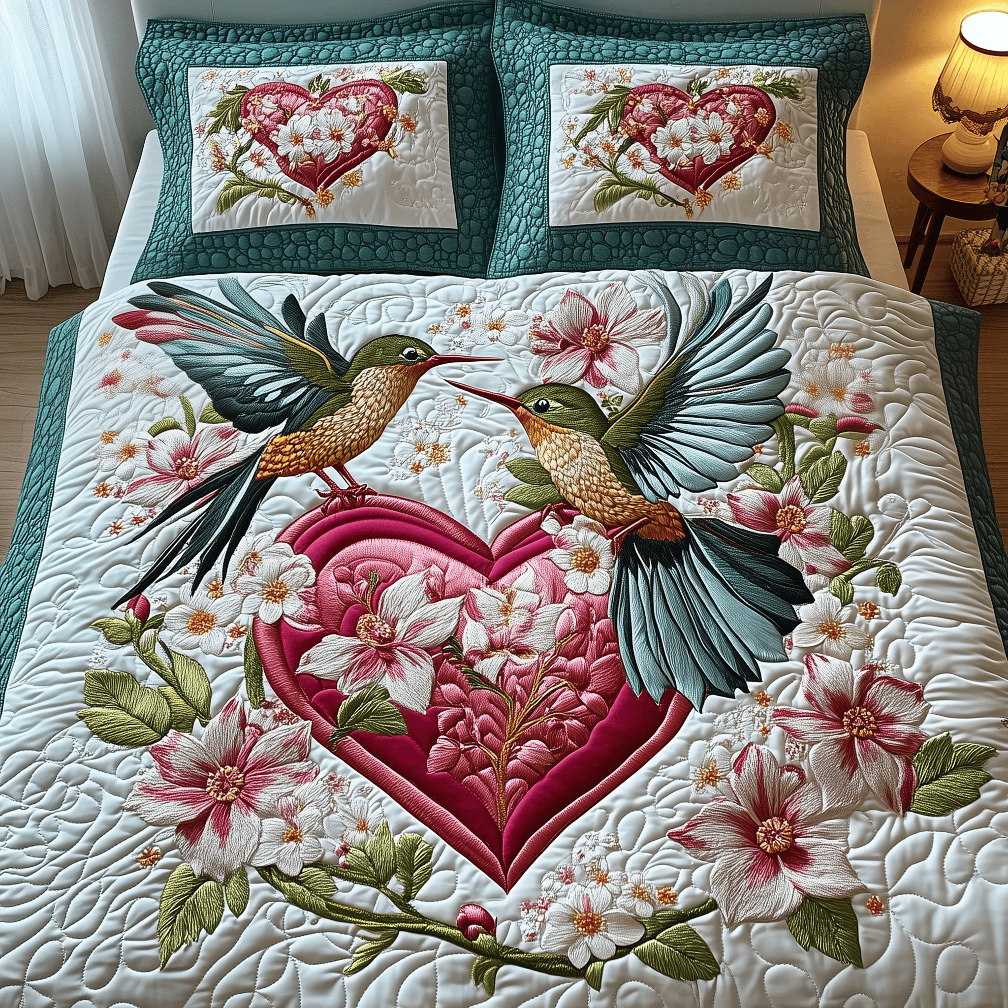 Hummingbird Love Quilted Bedding Set Floral Heart Queen Size Quilt Gift For Her
