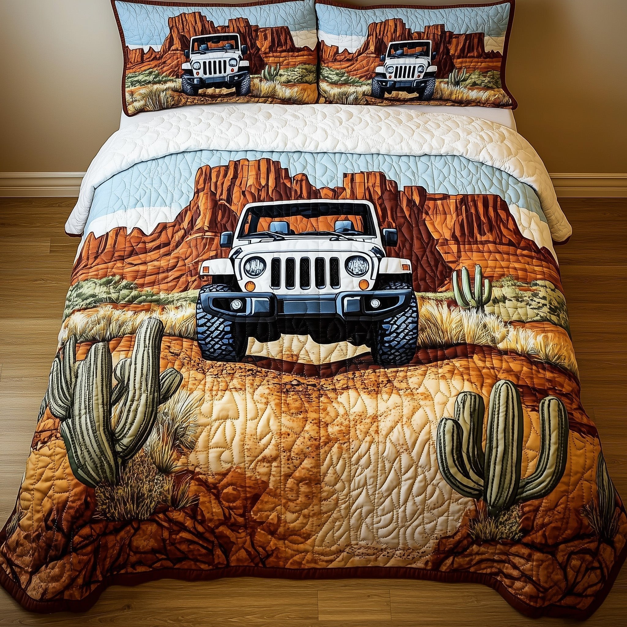 Jeep in the Canyon Quilted Bedding Set Western Mountain Duvet Covers Gift For Him