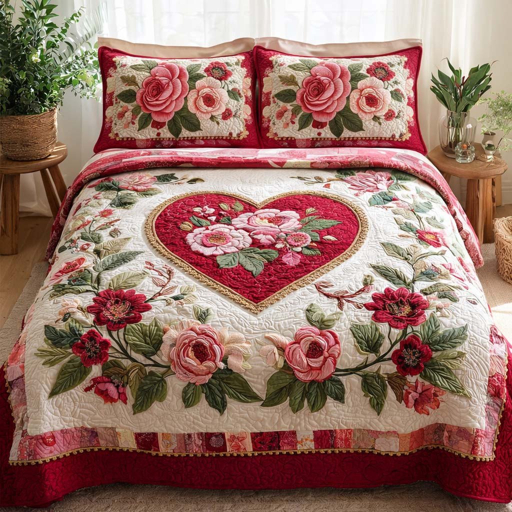 Floral Heart Quilted Bedding Set House Decor Item Gifts For Birthday Girl