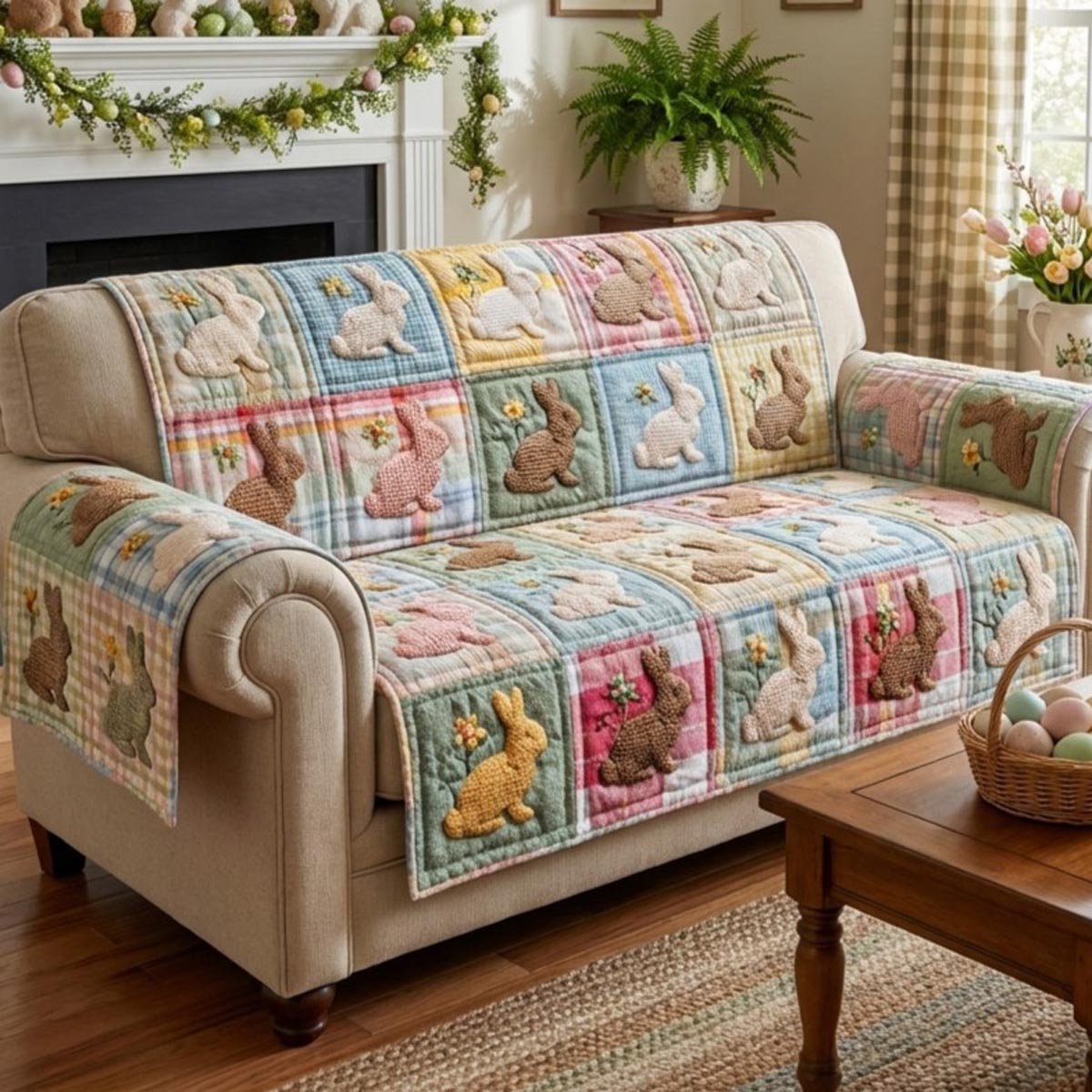 Egg Meadow Quilted Sofa Cover Cute Sofa Decor Cool Gift For Rabbit Lovers