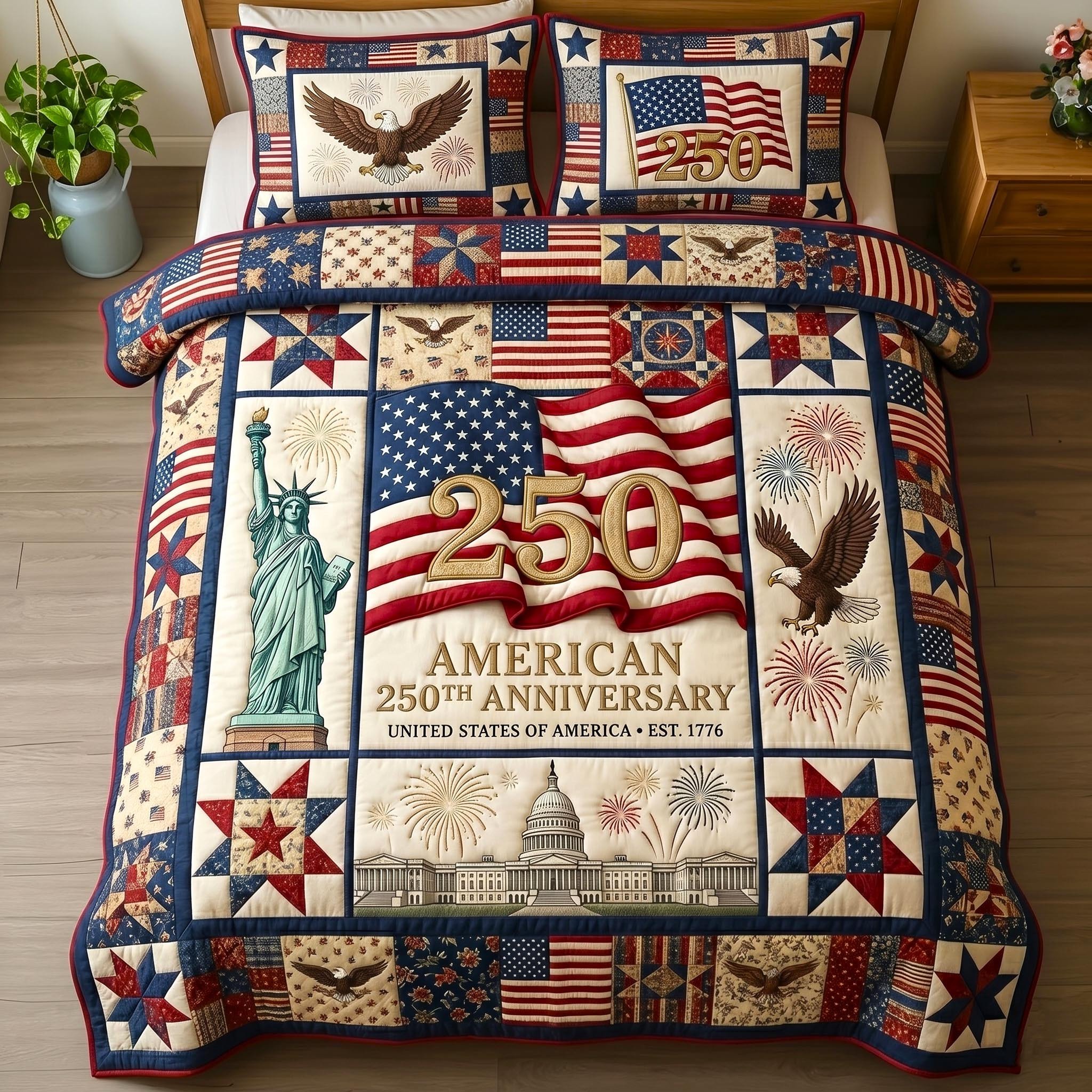 250th Anniversary Quilted Bedding Set United States Of America Bedroom Decor Gift For Dad