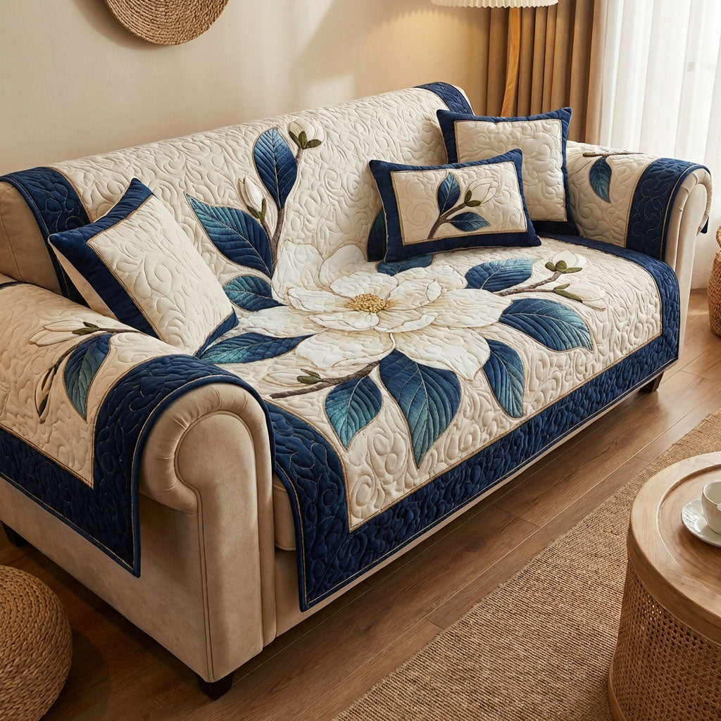 Classic Magnolia Blue Quilted Sofa Cover Cozy Living Decor Gifts For Women