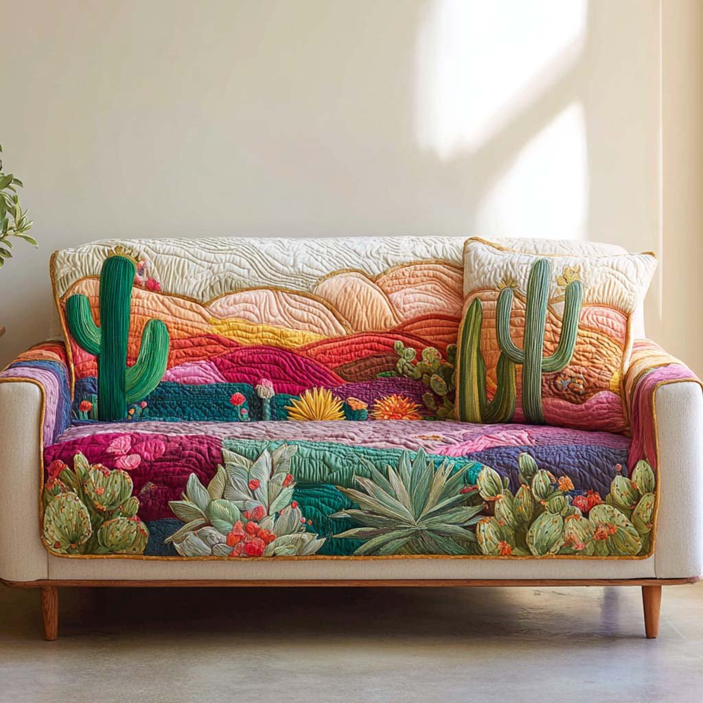Desert Glow Quilted Sofa Cover Desert Sunset Cactus Sofa Quilt Gifts For Her