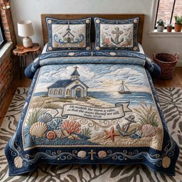 Coastal Chapel Quilted Bedding Set Christian Bedroom Set Jesus Lover Gift