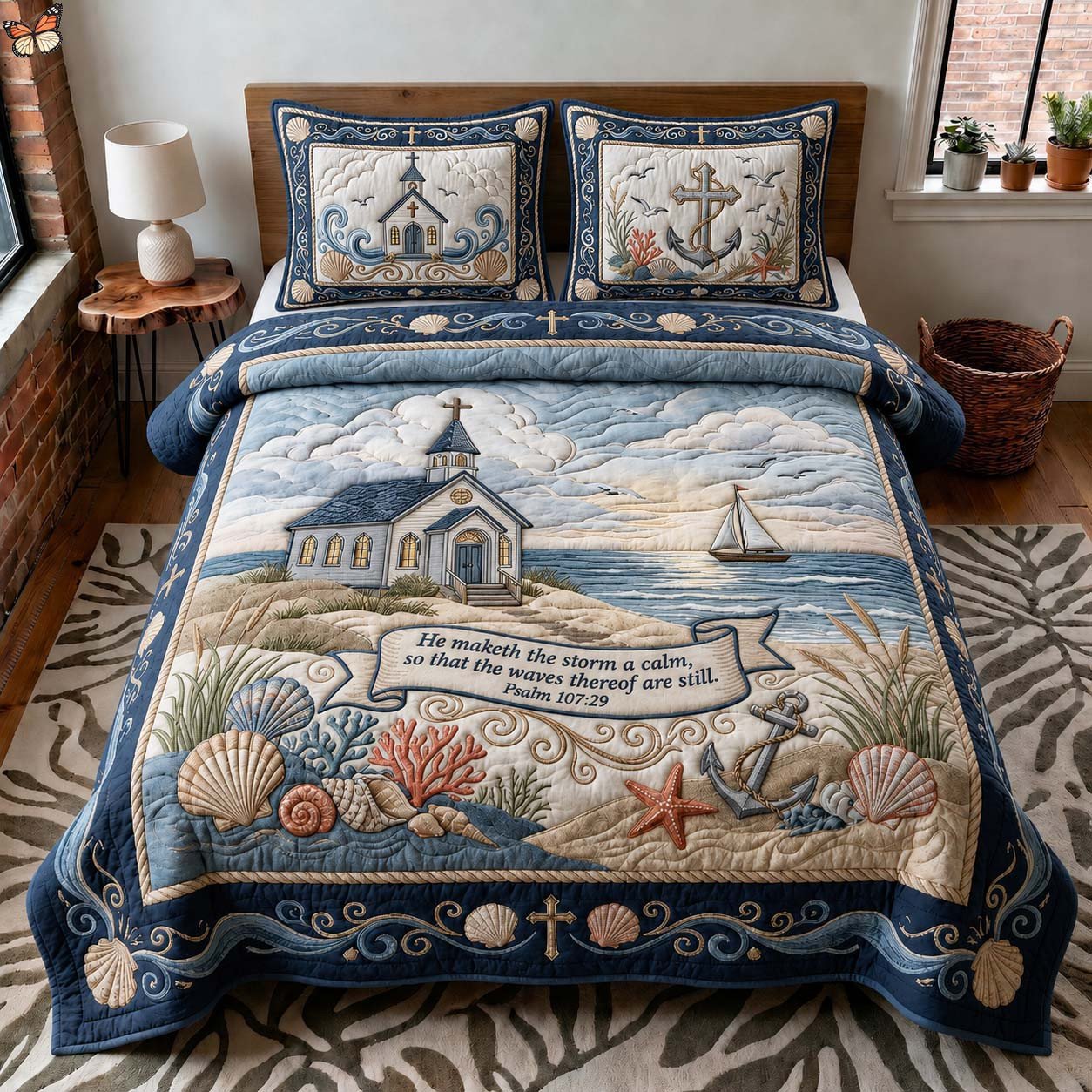 Coastal Chapel Quilted Bedding Set Christian Bedroom Set Jesus Lover Gift