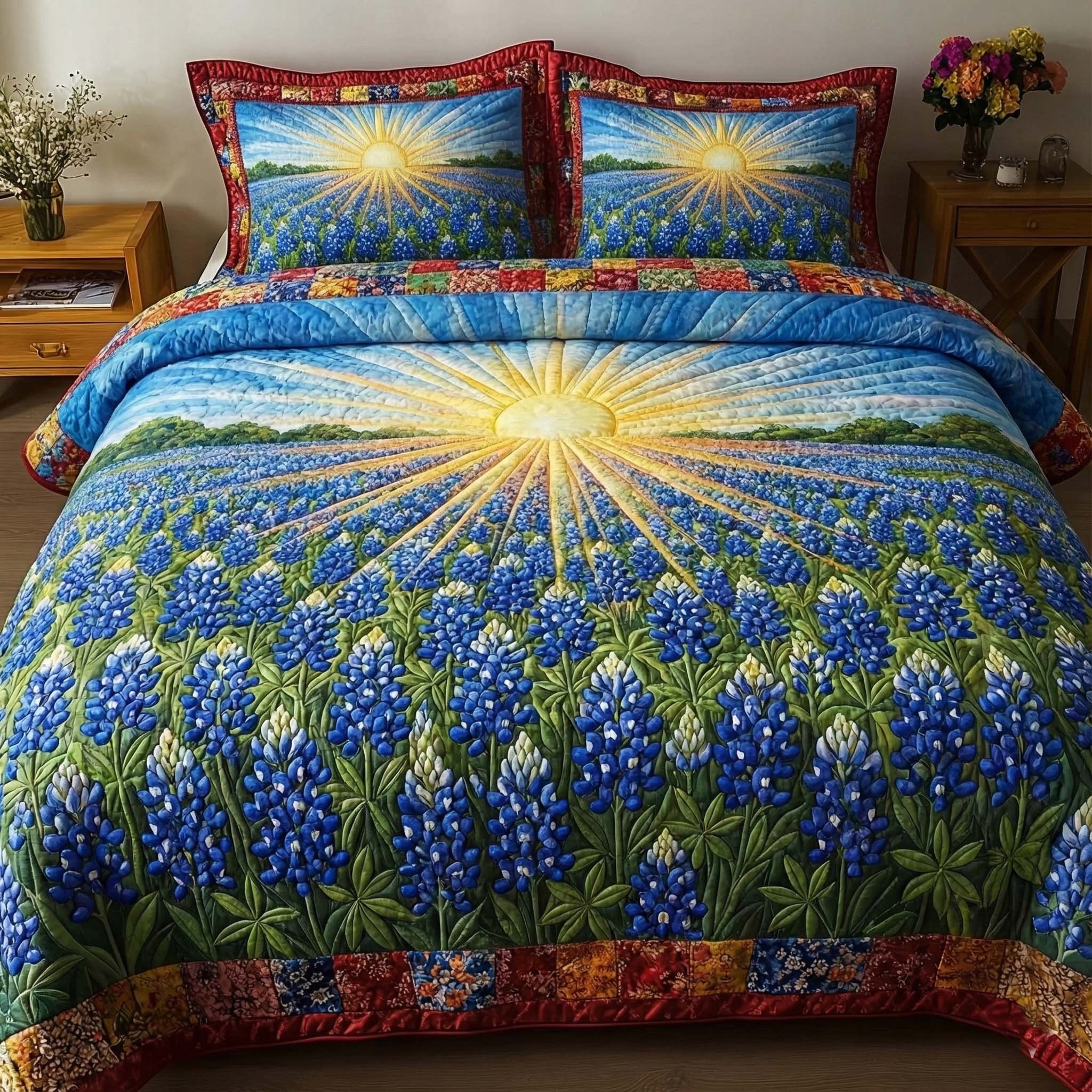 LoneStar Meadow Quilted Bedding Set Texas Flower Sunrise Decor Southwestern Decor