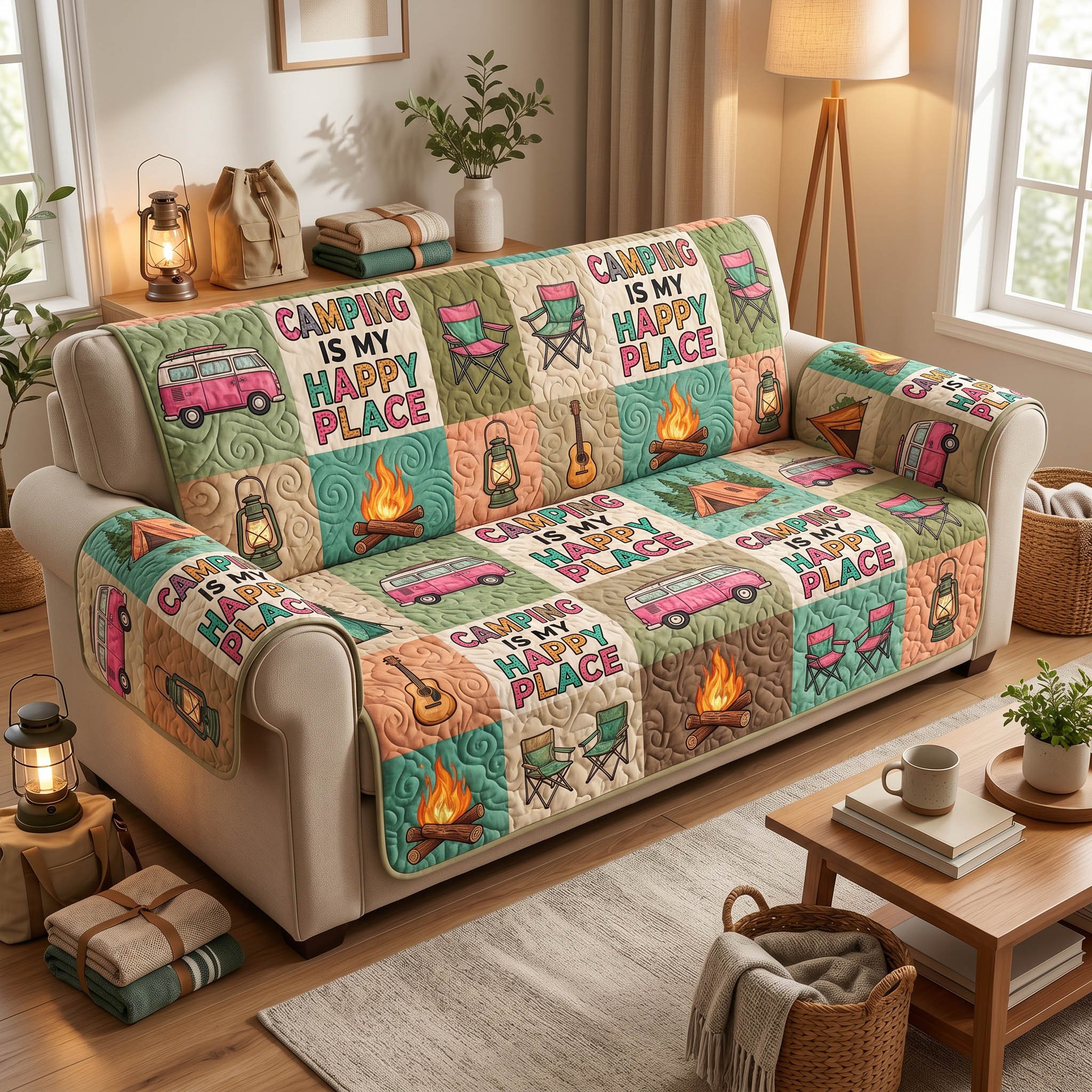Camp Spirit Quilted Sofa Cover Camping Is My Happy Place Sofa Cover Gifts For Father