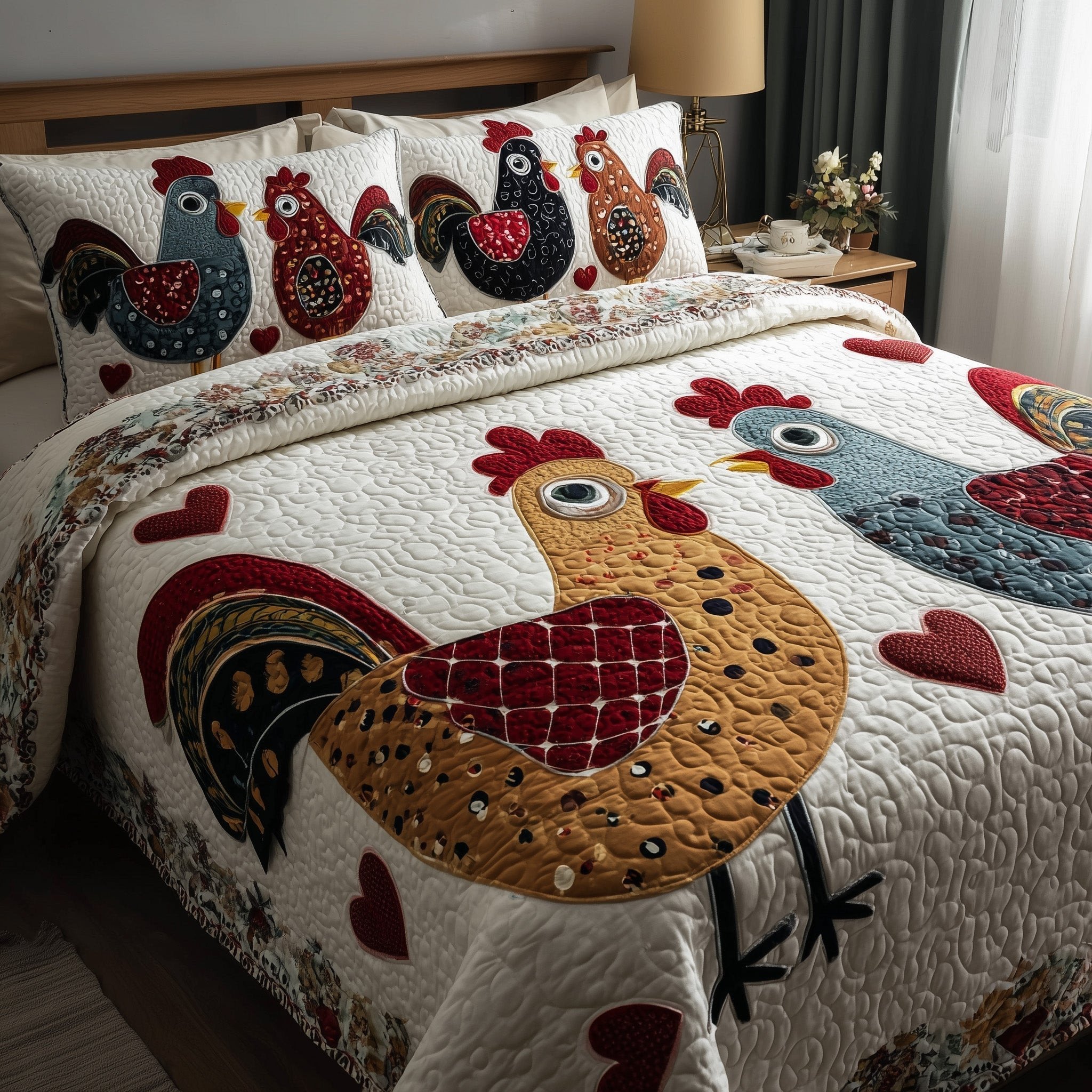 Funky Chicken Quilted Bedding Set Cozy Chicken Lover Bedroom Decor Gift For Chicken Lovers