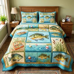 Lake Bass Quilted Bedding Set Freshwater Fish Best Duvet Covers Gift For Dad