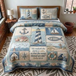 Lighthouse Psalm Quilted Bedding Set Religious Scripture Faith Full Size Sheets Grandma Gifts