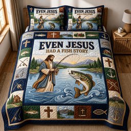 Even Jesus Had A Fish Story Quilted Bedding Set Bass Fishing Bedroom Decor Fishing Lover Gift
