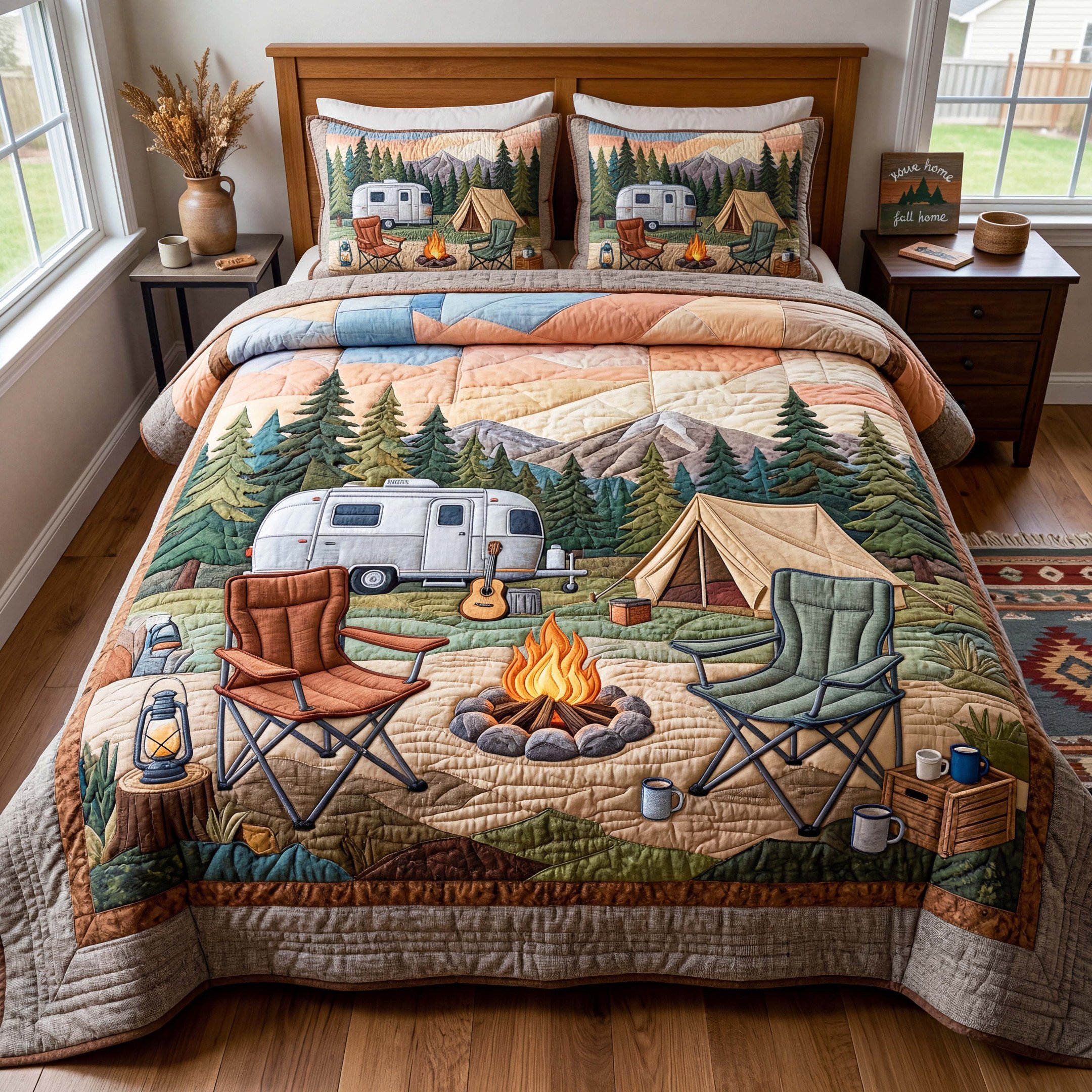 Campfire Escape Quilted Bedding Set Cozy Camping Bedding Set Cool Gifts For Dad