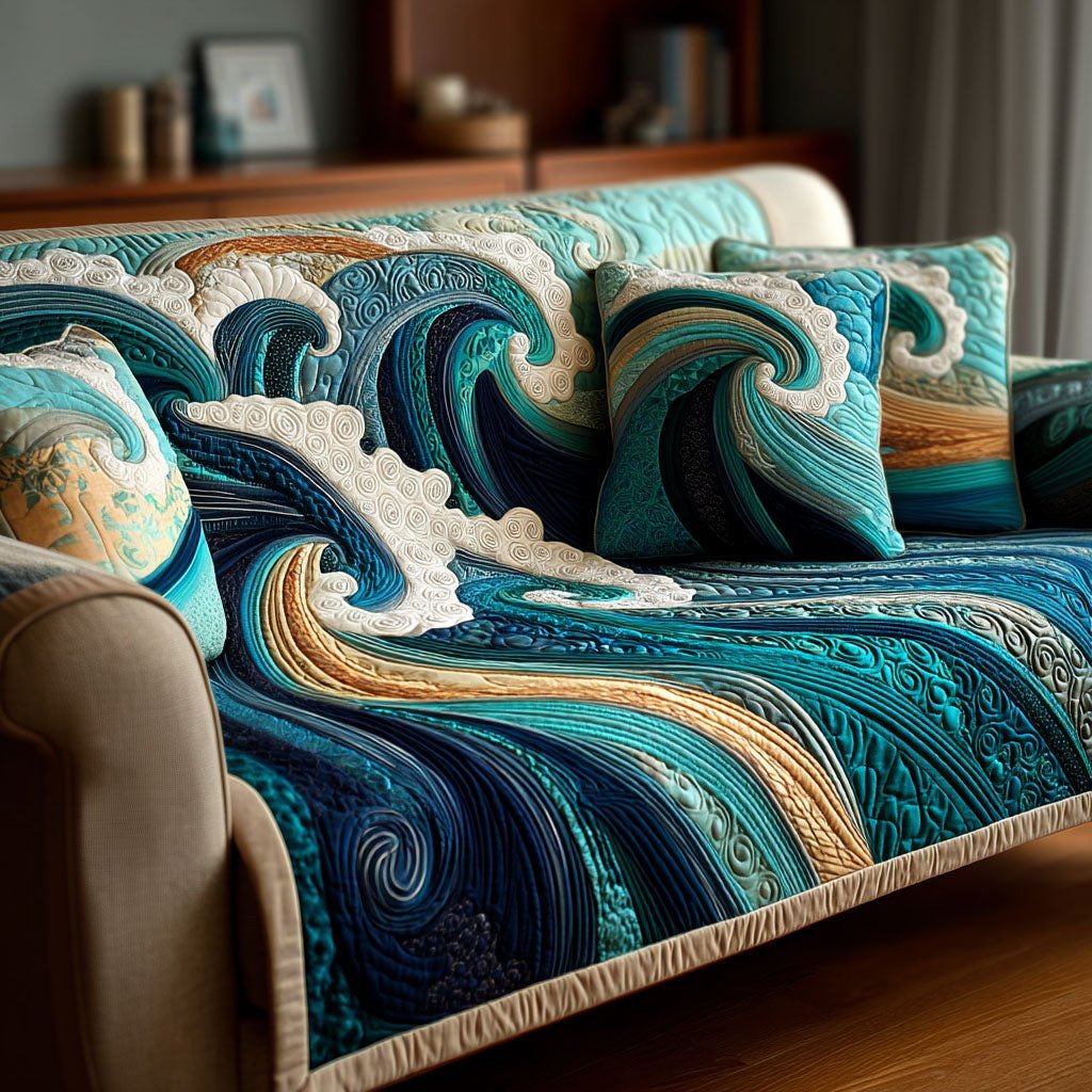 Endless Tide Quilted Sofa Cover Sea Wave Decor Sofa Gifts For Birthday Dad