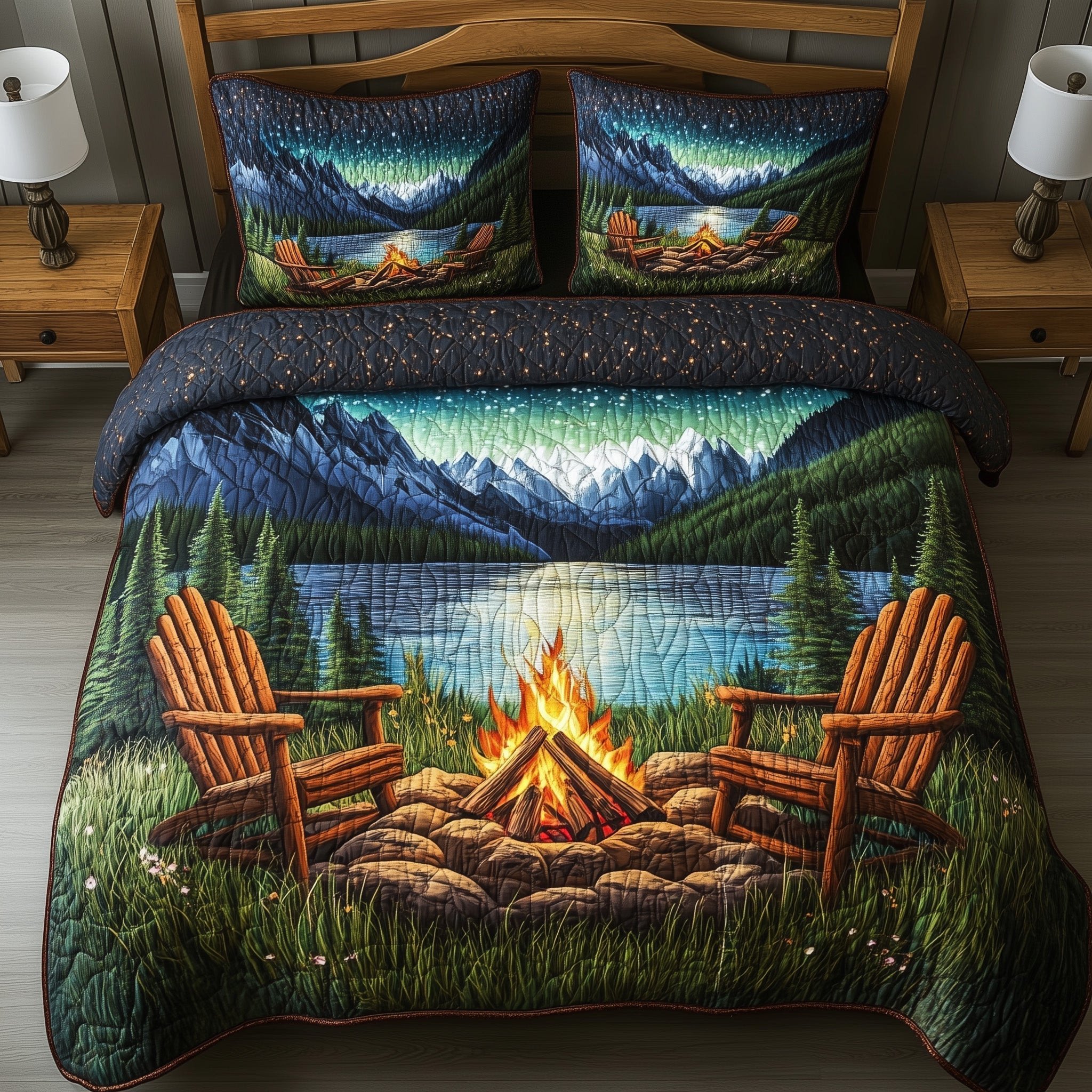Aurora Campfire Night Quilted Bedding Set Retro Bedding Set Gift For Brother