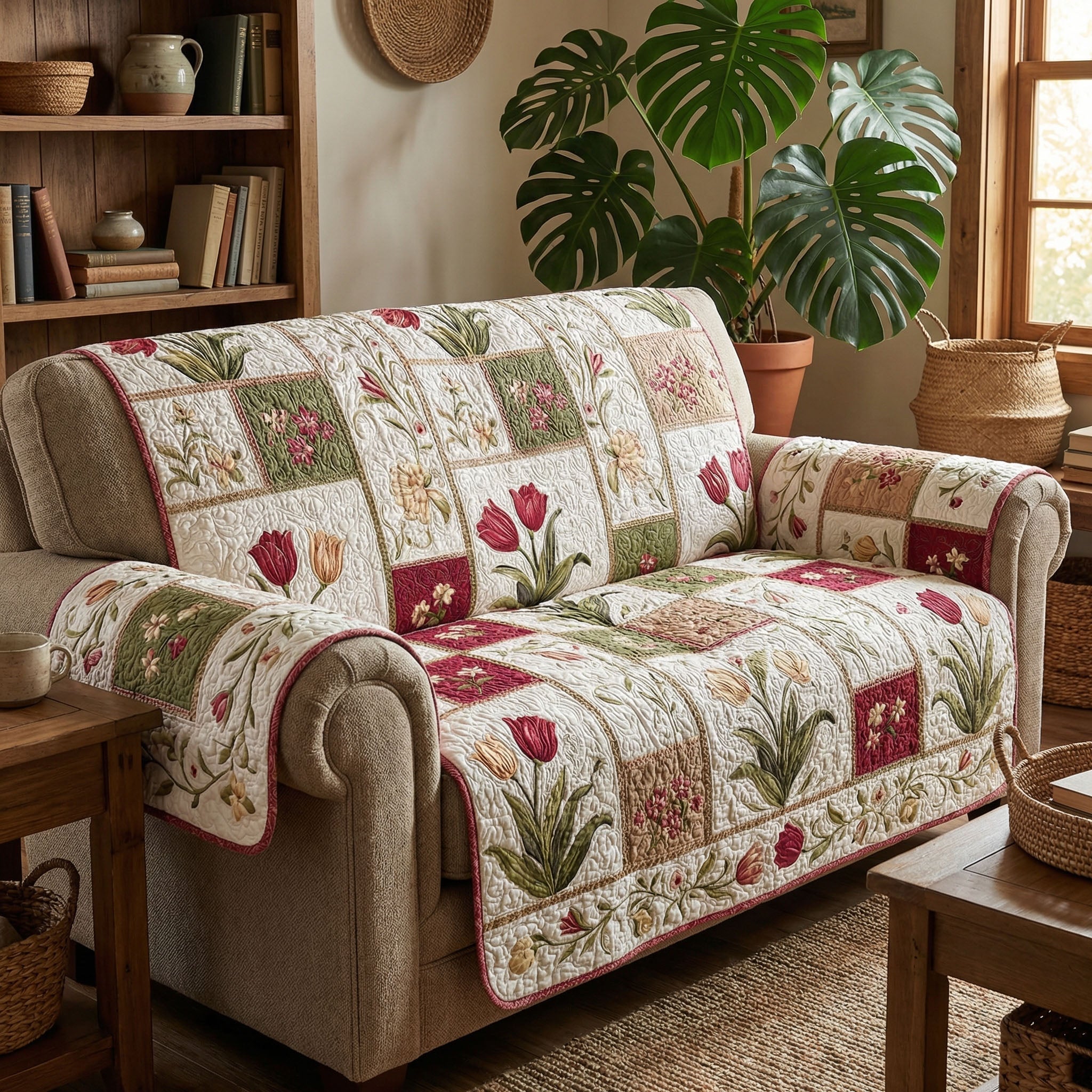 Country Tulip Meadow Quilted Sofa Cover Home Decor Ideas Gifts For Friends