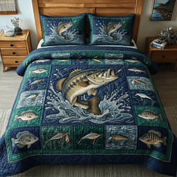 Bass Splash Quilted Bedding Set Bass Fishing Blanket Set Gifts For Dad