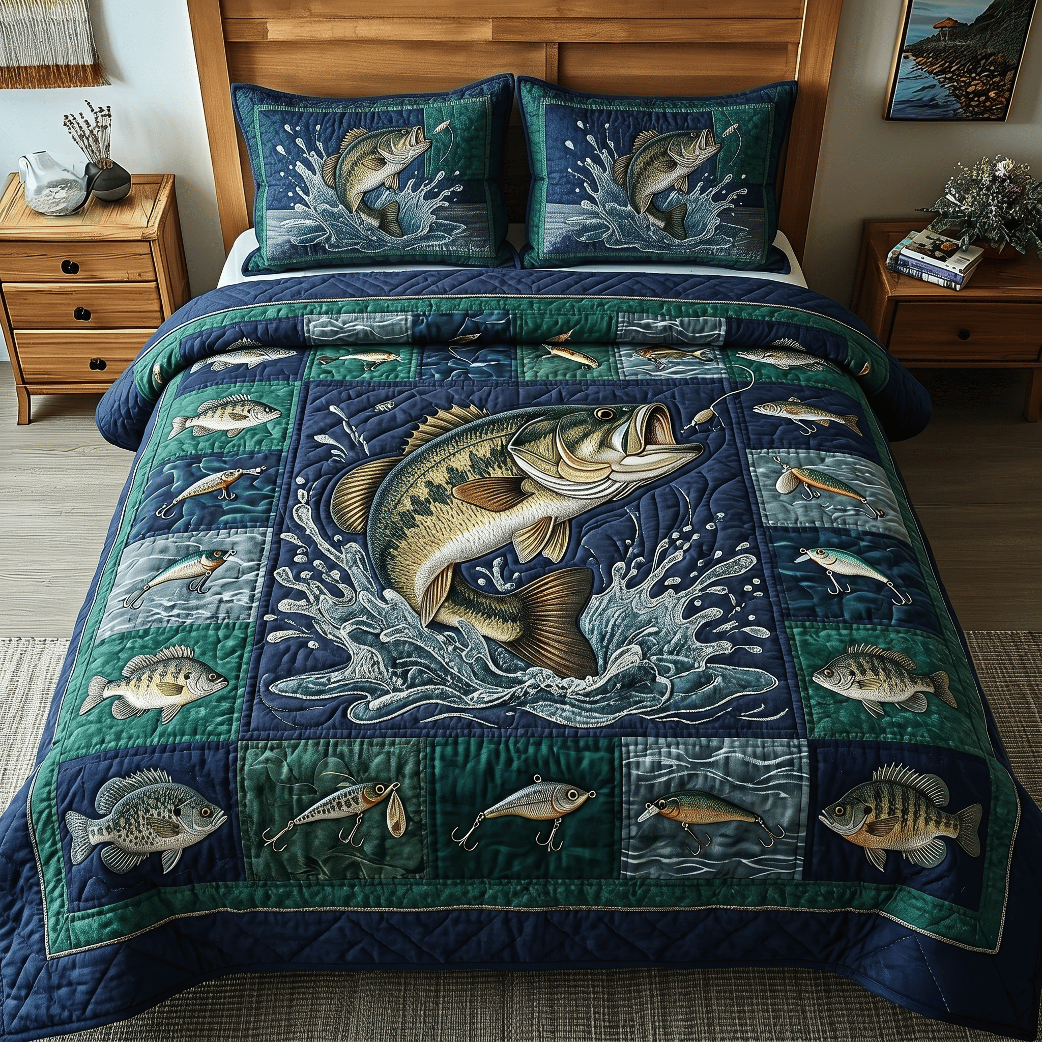Bass Splash Quilted Bedding Set Bass Fishing Blanket Set Gifts For Dad