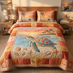 Golden Shore Turtle Quilted Bedding Set Ocean Turtle Bedroom Decor Gift For Turtle Lovers