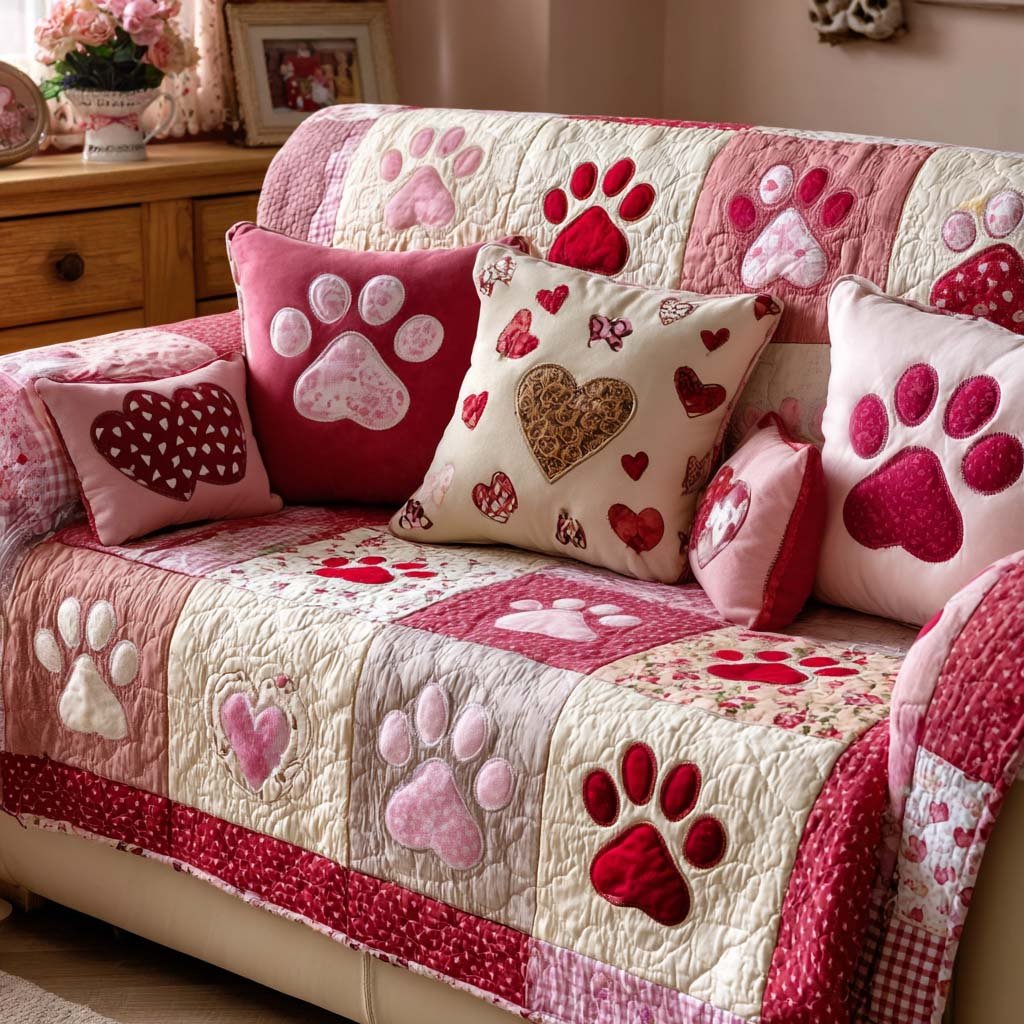 Cozy Paw Love Quilted Sofa Cover Cute Home Decor Best Gifts For Girlfriend