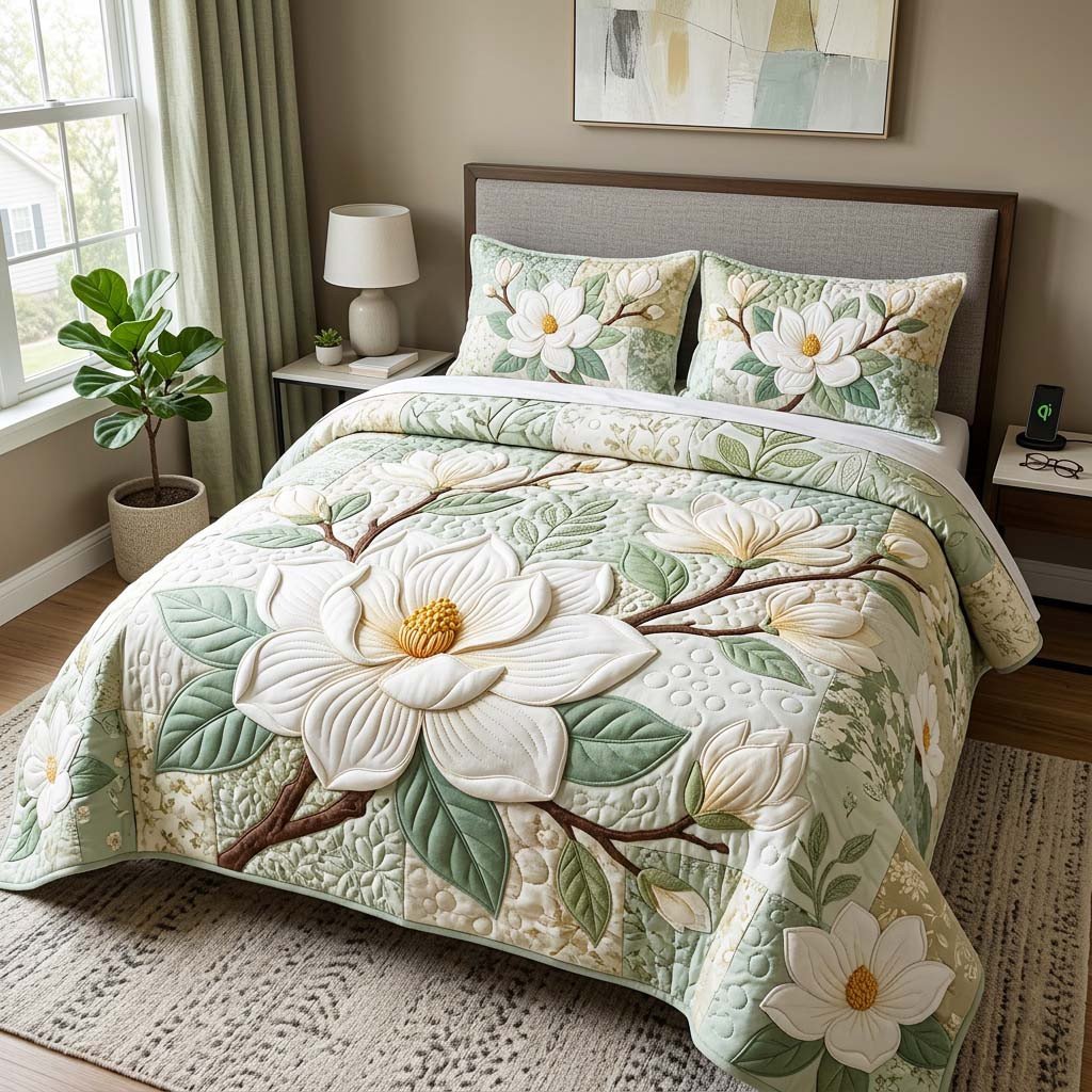 Magnolia Bloom Quilted Bedding Set Sweet Magnolia Garden Duvet Covers Floral Lover Gifts