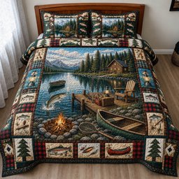 Lake Cabin Camping Quilted Bedding Set Mountain Cabin Bedspreads King Gift For Men