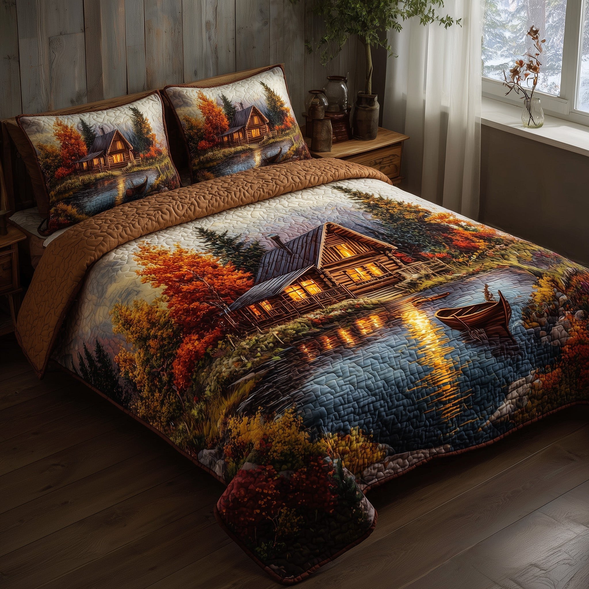Golden Bloom Cabin Quilted Bedding Set Cozy Room Decor Fathers Day Ideas