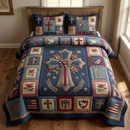 Liberty Cross Quilted Bedding Set Patriotic Christian Bedspreads King Rustic Country Decor_