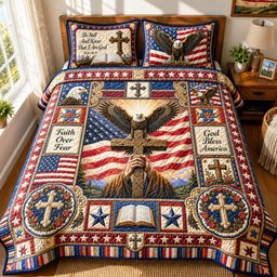 Cross Of Courage Christian Quilted Bedding Set House Decor Items Gifts For Husband