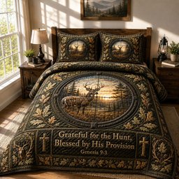 Blessed By His Provision Deer Hunt Quilted Bedding Set Faith Bedding Set Christian Gifts
