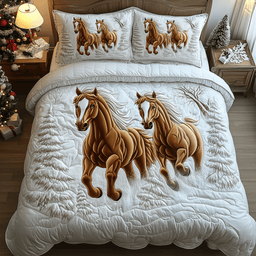 Horses Frosty Trail Quilted Bedding Set Winter Running Horse Comforter Sets Gifts
